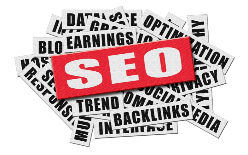 Collection of digital marketing keywords with SEO highlighted in red.